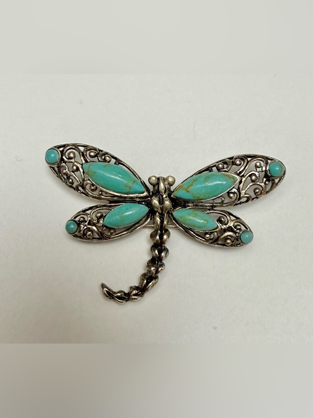 Vintage Thailand Sterling Silver Turquoise Filigree Dragonfly Brooch Pin